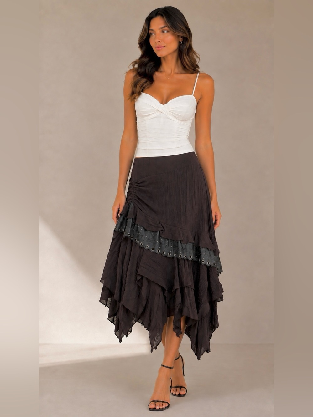 ORNA FARHO DRESSY SKIRT BROWN W/PU LACE LEATHER SIZE FR38/6-8US